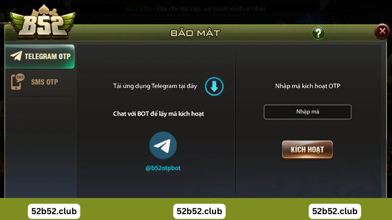 Kích hoạt telegram tại B52 Club